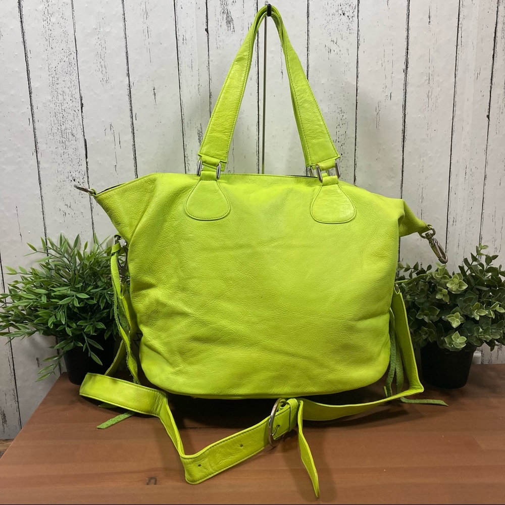 Barneys New York Leather Neon Green Tote Bag